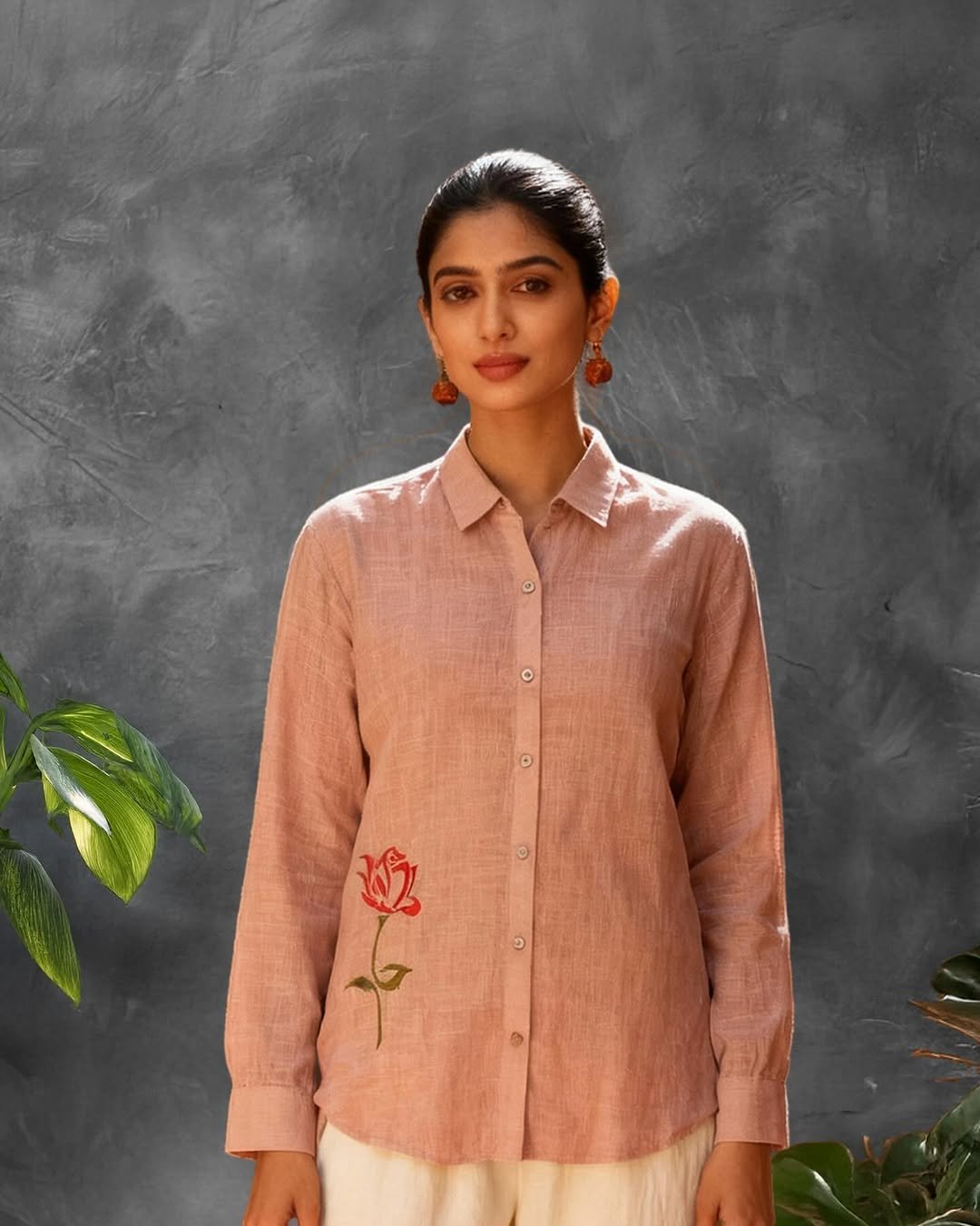 Pink Lenin Slub With Minimal Embroidery Full Sleeves Shirt - Image 2