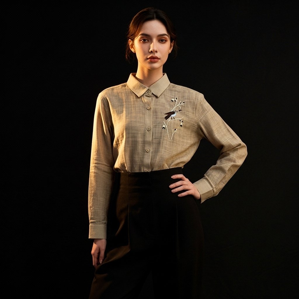 Whisk_383ad84357f8eb5a7034ff3a680e0795dr Beige Lenin Slub With Minimal Embroidery Full Sleeves Shirt - Image 1