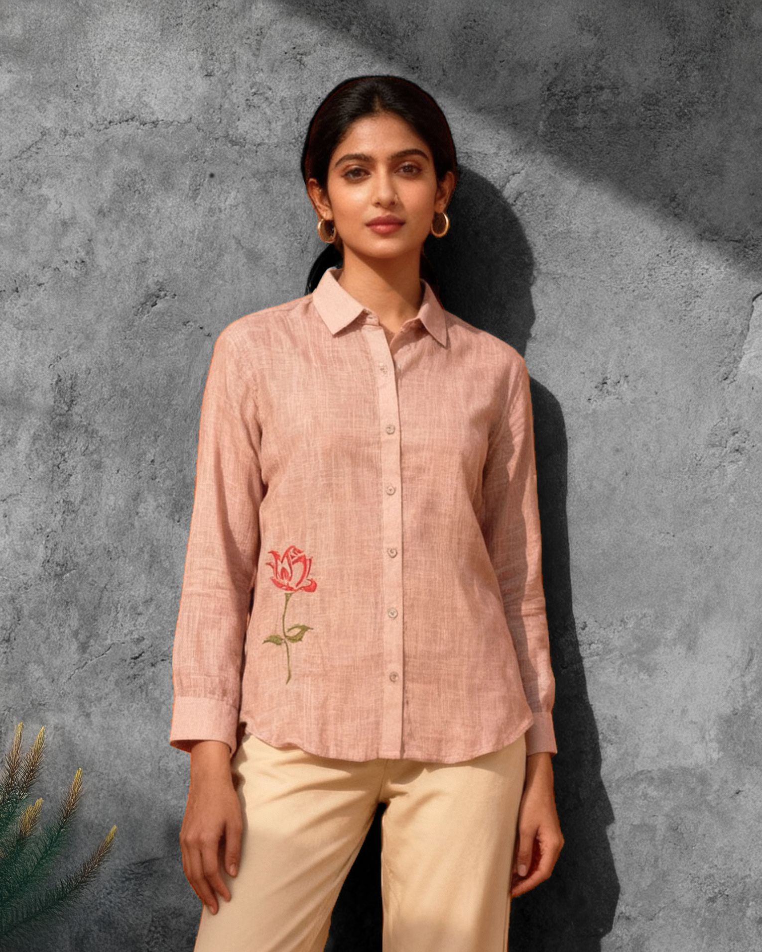 freepik__talk__25456 - 22-10-2025 15-38-58 Pink Lenin Slub With Minimal Embroidery Full Sleeves Shirt - Image 1