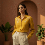 Mustard Lenin Slub With Minimal Embroidery Full Sleeves Shirt