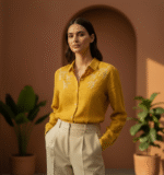 Mustard Lenin Slub With Minimal Embroidery Full Sleeves Shirt