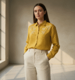 Mustard Lenin Slub With Minimal Embroidery Full Sleeves Shirt - Image 4