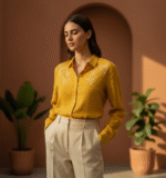 Mustard Lenin Slub With Minimal Embroidery Full Sleeves Shirt - Image 2
