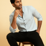 COTTON LENIN STRIPES CHINESE COLLAR SHIRT