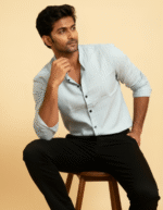 COTTON LENIN STRIPES CHINESE COLLAR SHIRT