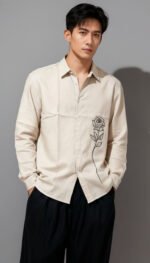 Luxury Lenin with Rose embroidery Men's shirt - Image 2